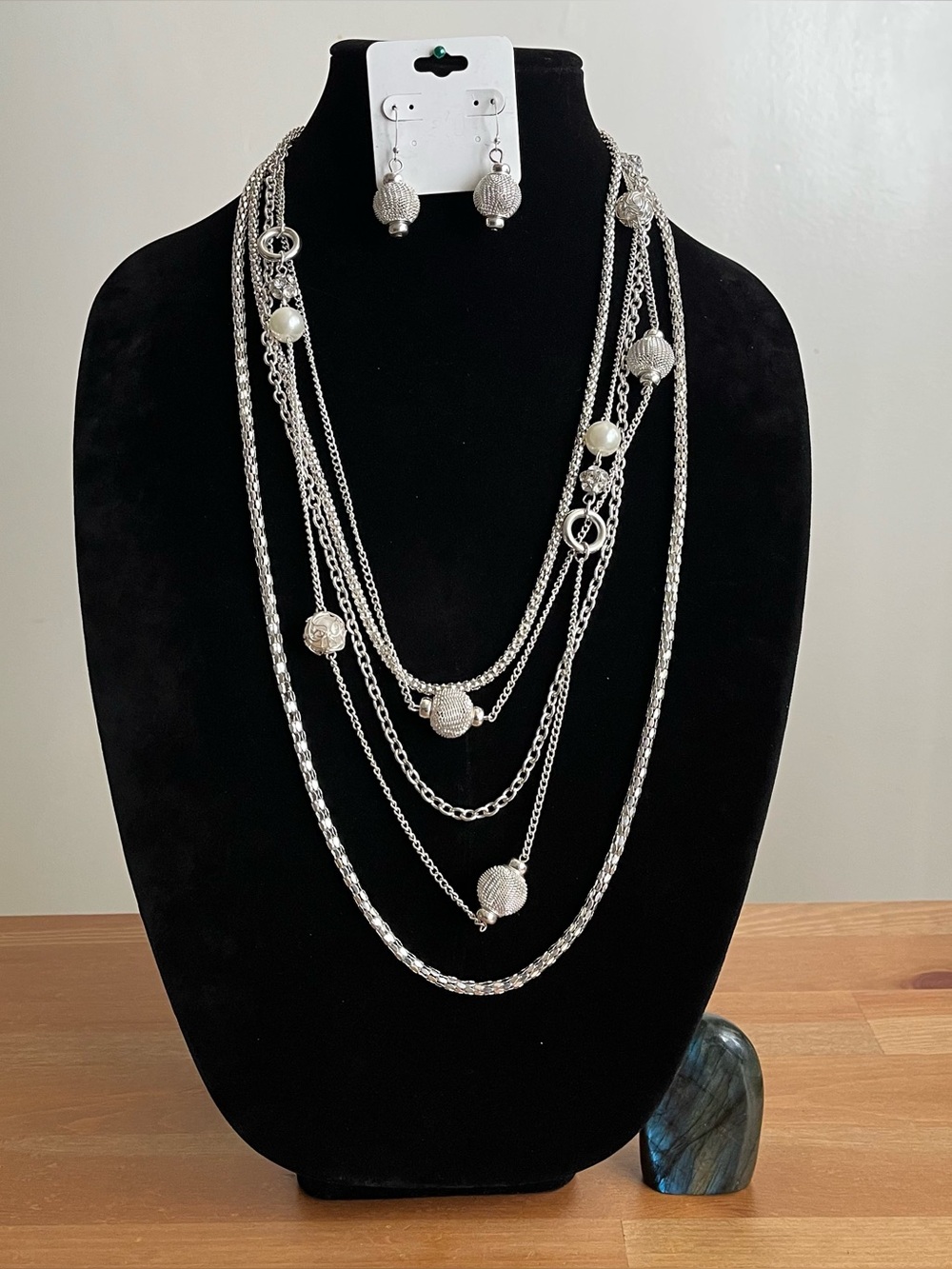 Multi-strand silver-tone layered necklace and earrings set jewelry set